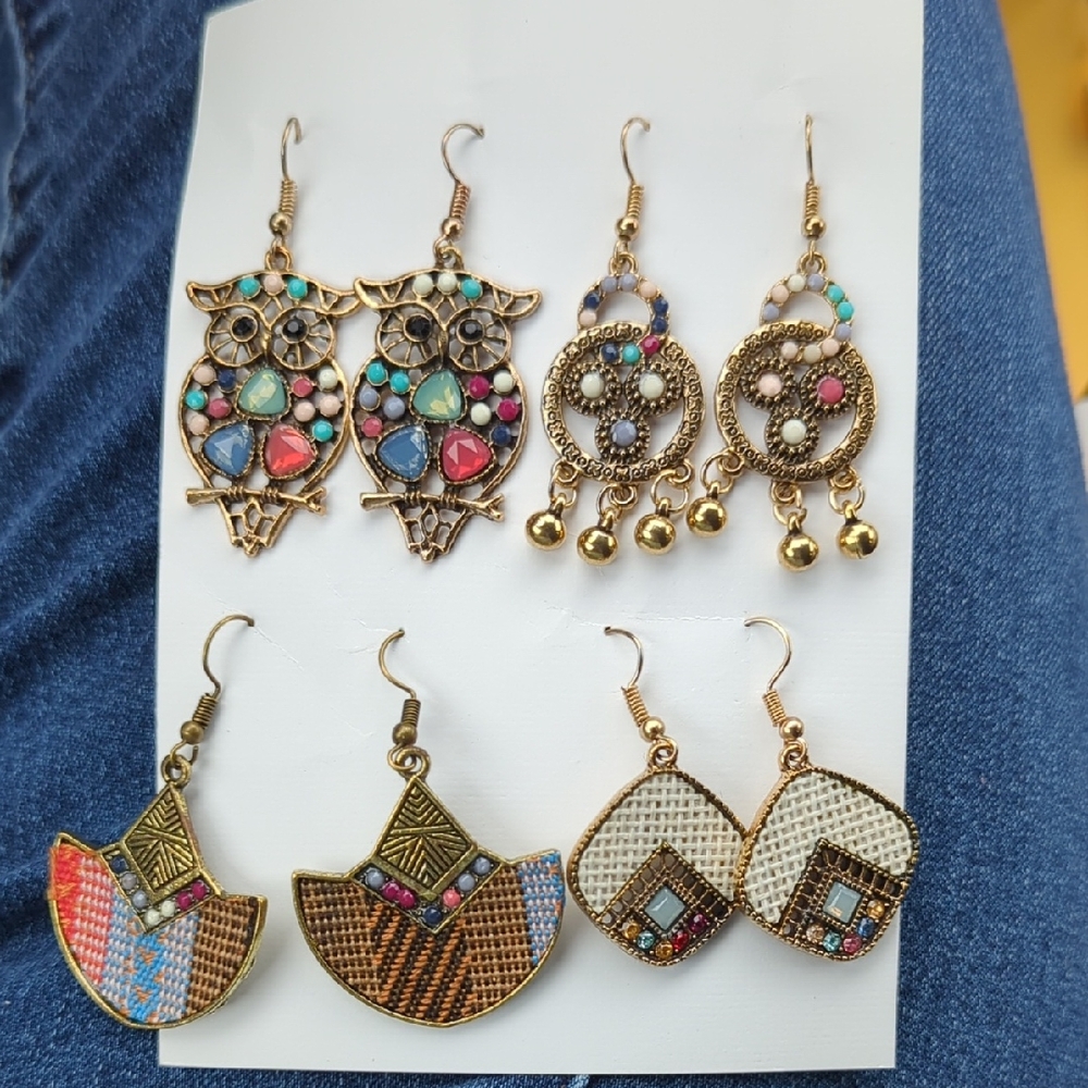 Gold-Tone Multicolor Owl & Dangle Earrings Set - Boho Women's Jewelry